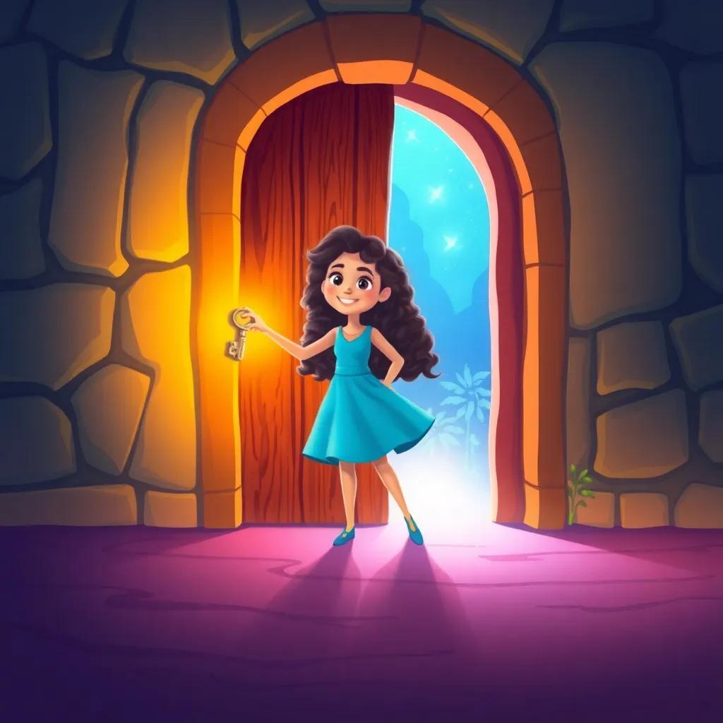 Mariam, a brave girl with long, curly hair in a bright blue dress, opening a large, old door with a magical key, bright colors and magical light emanating from the door, illustration, whimsical, child-friendly, vibrant