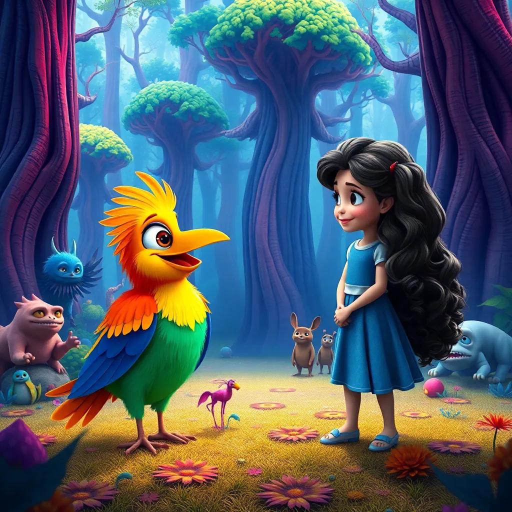 Tuts, a colorful and cheerful bird with bright feathers, talking to Mariam, a brave girl with long, curly hair in a blue dress, in a magical forest filled with bizarre creatures and tall colorful trees, fairy tale style, rich colors, animated atmosphere