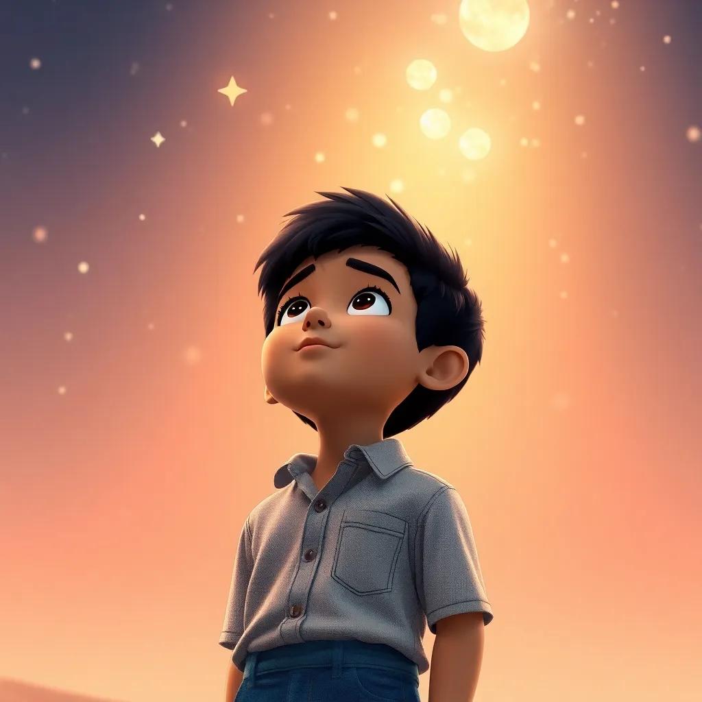 A young Arab boy, فارس, with short black hair, wearing a simple shirt and jeans, looking up at a bright star-filled sky, digital art, warm colors, gentle glow, high quality