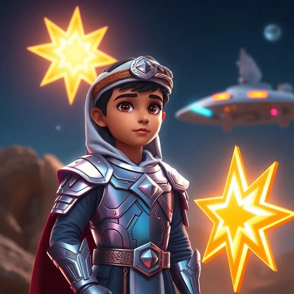 فارس, a young Arab boy now dressed in shiny armor, standing heroically next to a glowing star, with a spaceship in the background, digital art, bright colors, inspiring atmosphere, high quality