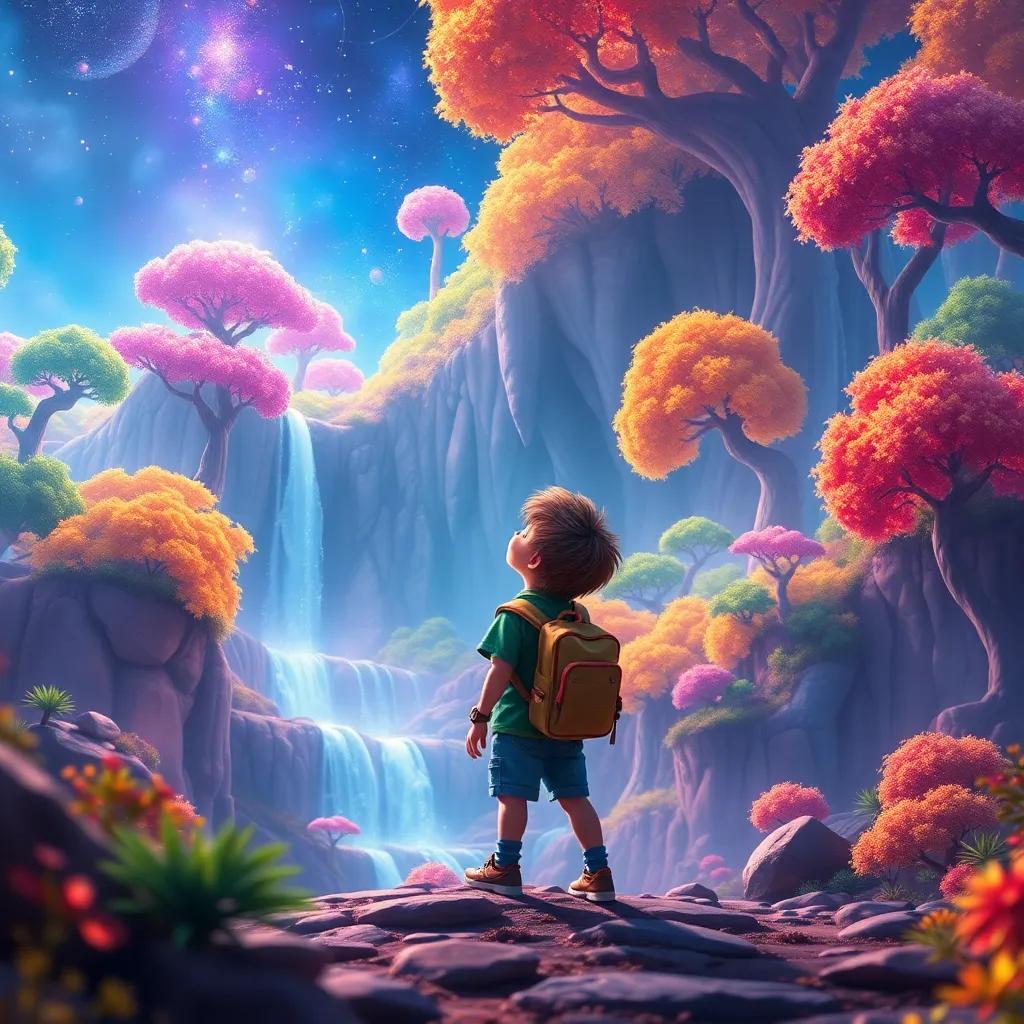 فارس, a young boy exploring a vividly colored planet with bright trees and sparkling waterfalls, amazed by the beauty around him, fantasy style, colorful, whimsical lighting, high quality