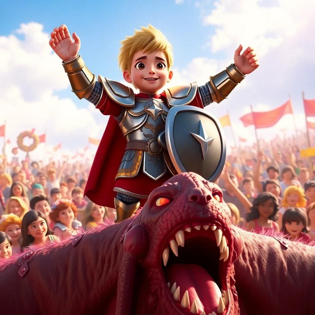 فارس, a young boy in shining armor, standing triumphantly over a defeated monster with a happy crowd behind him, victorious scene, heroic pose, bright colors, uplifting vibe, high quality