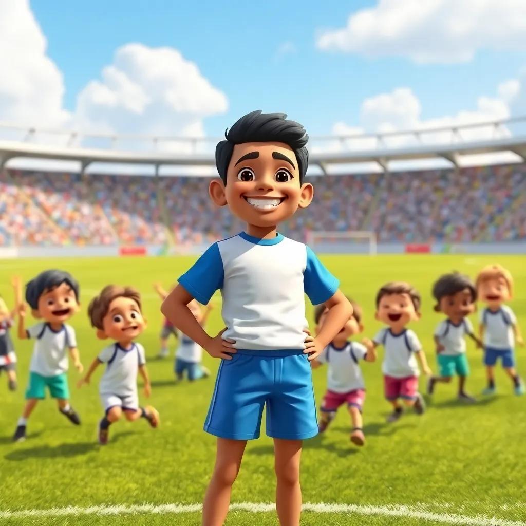 A young Arab man, Faris, with a warm smile, wearing a blue short and a white sports shirt, standing in a sunny football field with excited children around him, colorful scene, cheerful atmosphere, educational, high quality.