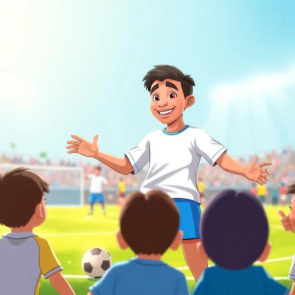 Faris, a young Arab man with a warm smile in a blue short and white sports shirt, showing football techniques to eager children on the field, bright colors, engaging environment, fun and dynamic, illustration, high quality.