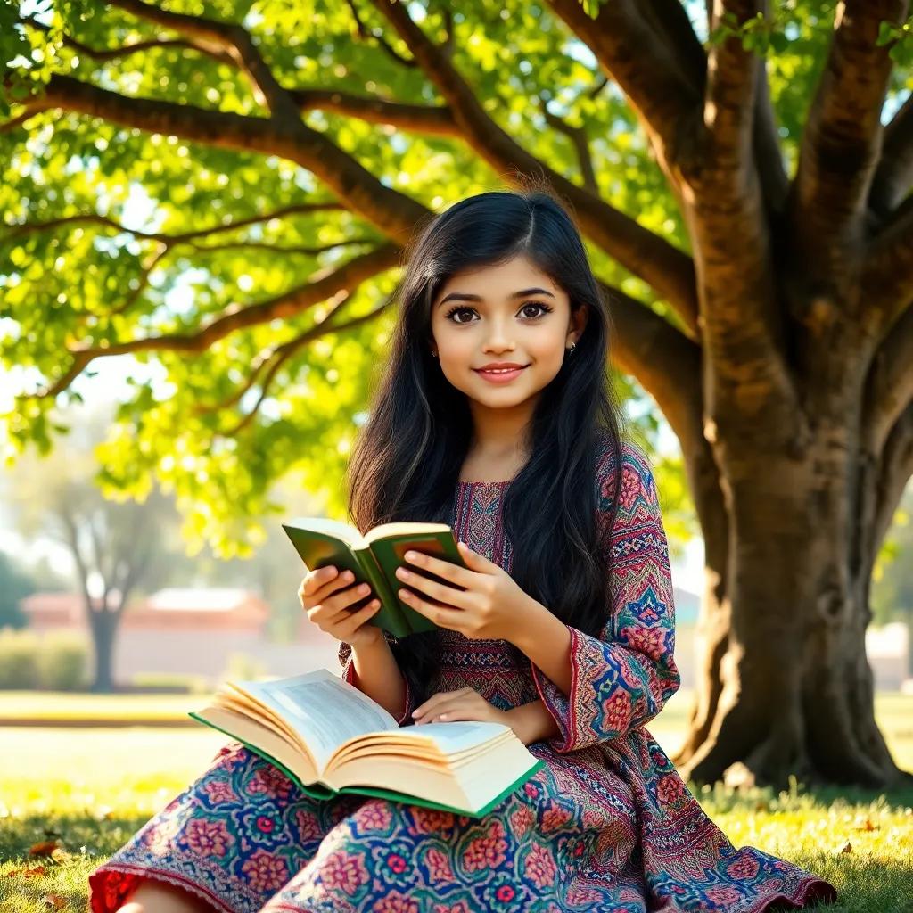 A young Arab girl, Fatima, with long, dark hair, wearing a colorful dress, sitting under a big tree with a book in her hands, sipping tea, warm sunlight, cheerful atmosphere, digital art, vibrant colors
