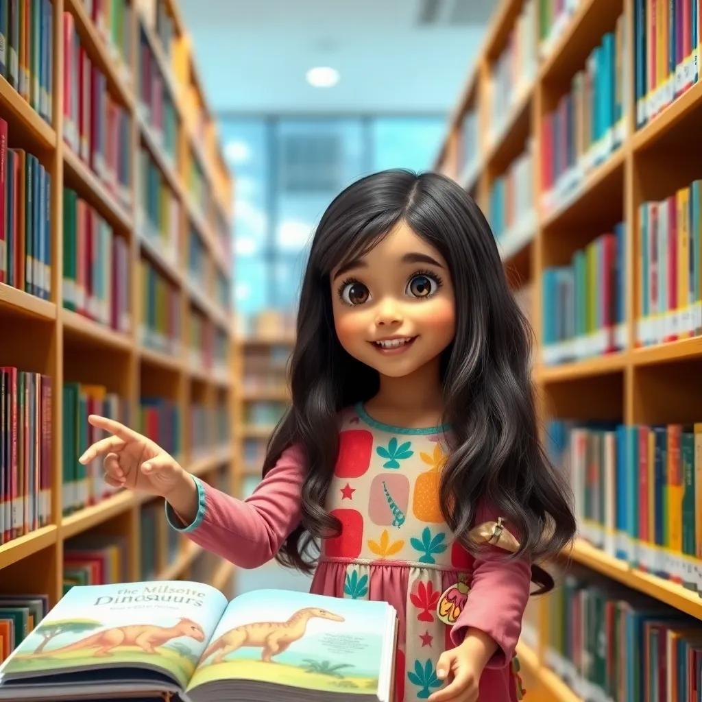 Fatima, a young Arab girl, with long, dark hair, wearing a colorful dress, standing excitedly in a library, pointing at a book about dinosaurs, bright shelves, full of colorful books, illustration, lively, child-friendly
