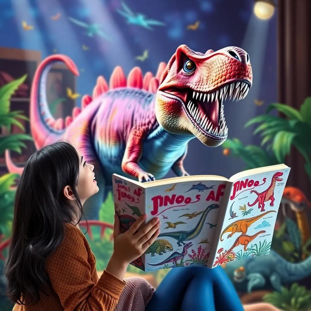 A massive dinosaur in a colorful book that Fatima is reading, colorful illustrations of dinosaurs, vibrant pages flipping, excitement in the air, digital painting, cheerful, immersive atmosphere, high quality