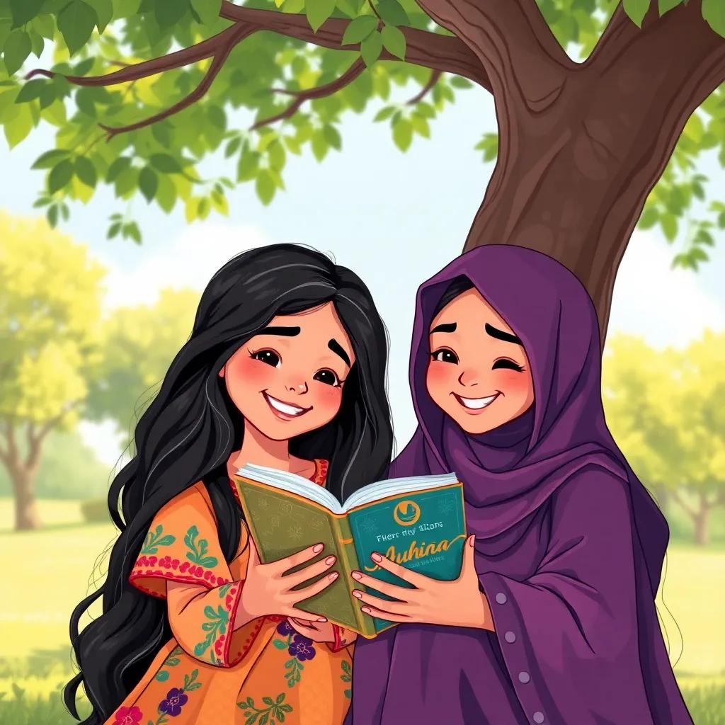 Fatima, a young Arab girl, with long, dark hair, wearing a colorful dress, reading with her friend Layla under the tree, smiles on their faces, sunny day, joyous vibes, joyful illustration, bright colors