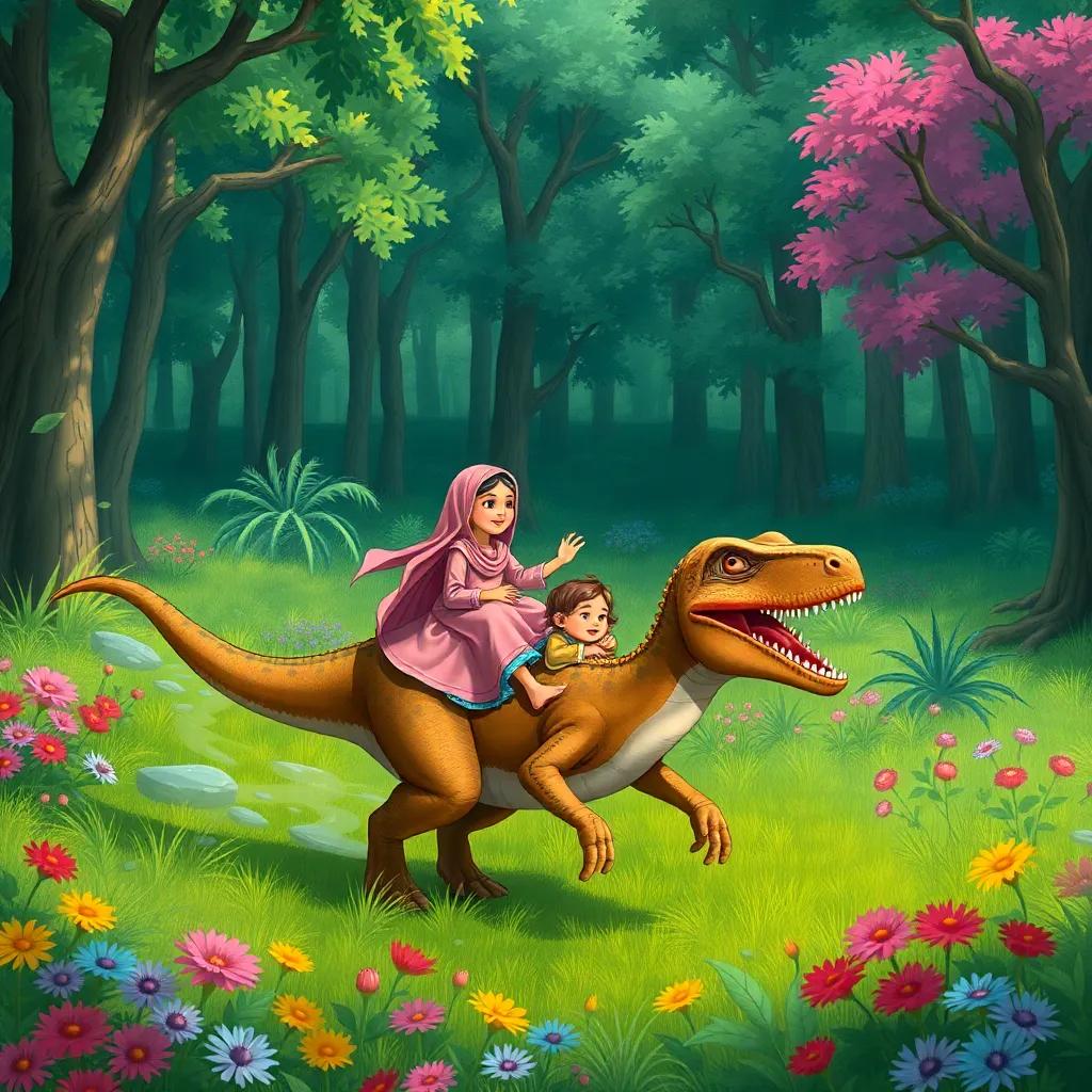 A whimsical scene of Fatima and Layla imagining riding a fast dinosaur through a green forest, filled with trees and flowers, vibrant colors, fantasy illustration, enchanting moment