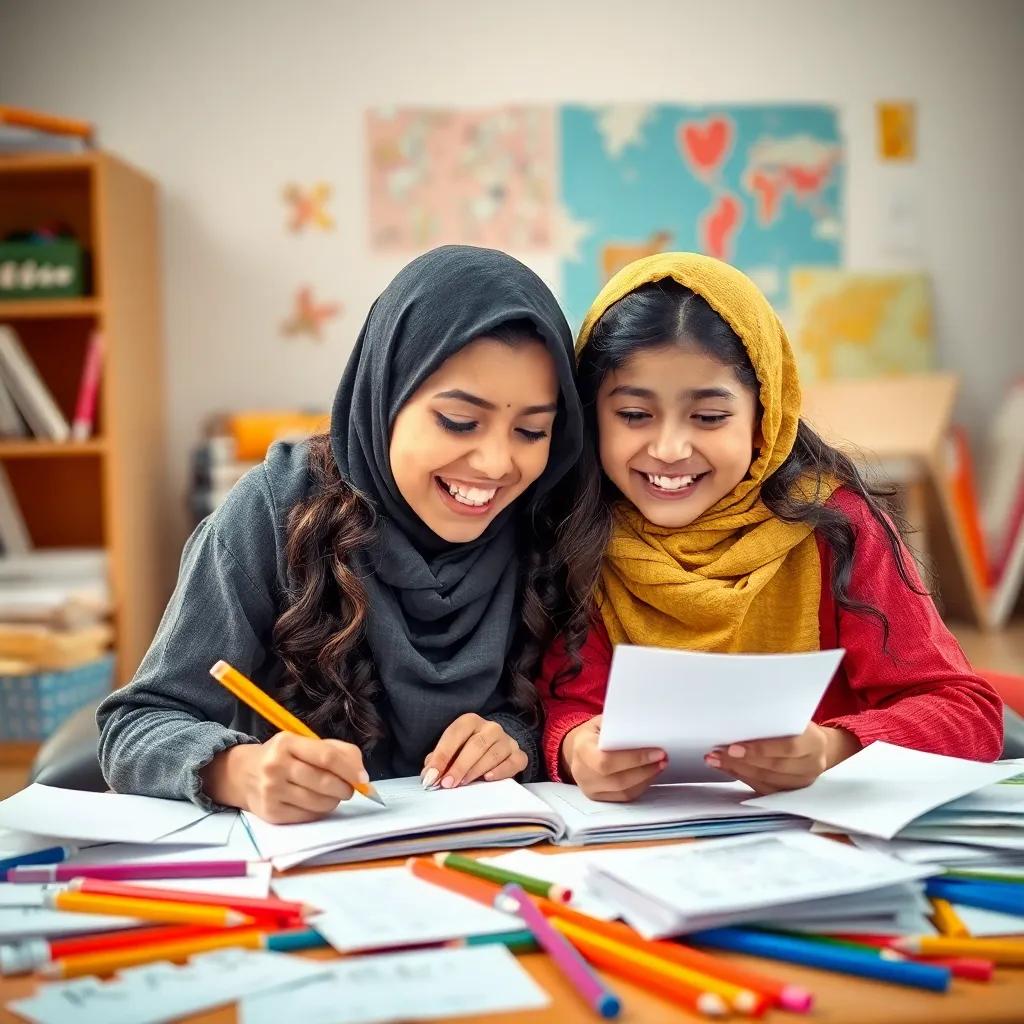 Fatima and Layla excitedly writing their own story together, surrounded by papers and colored pencils, creative energy, bright and cheerful atmosphere, vibrant and playful art