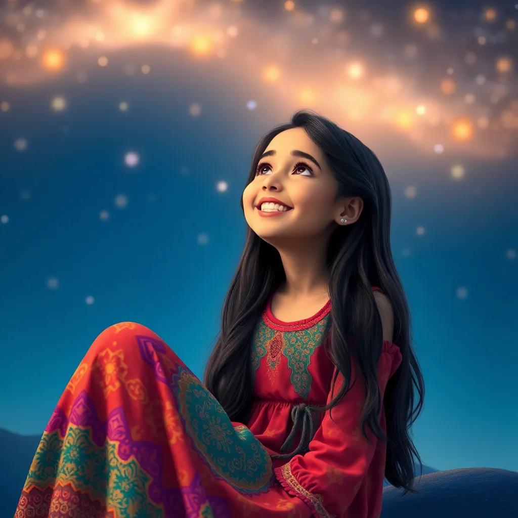 Fatima, a young Arab girl, with long, dark hair in a colorful dress, sitting with a big smile, looking at a night sky with stars, feeling happy and satisfied, whimsical scene, pure joy, pastel colors