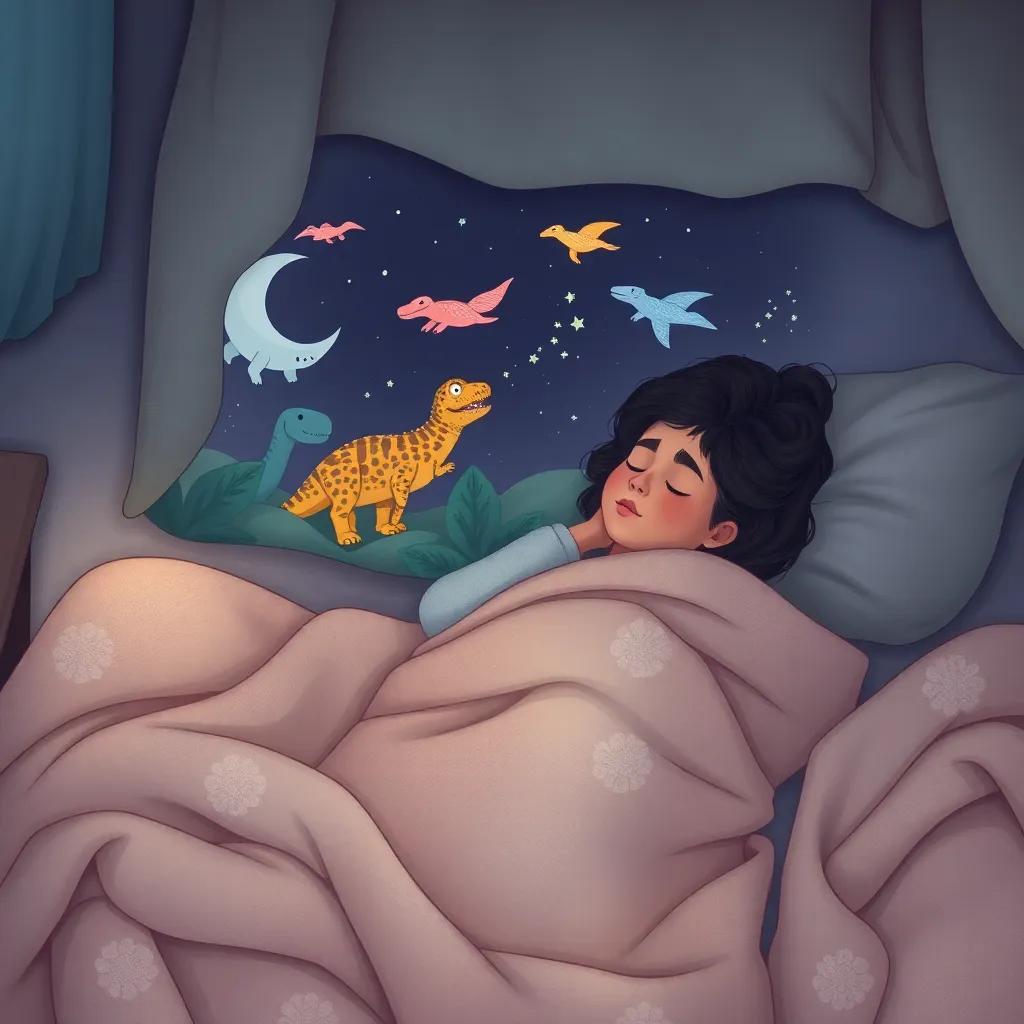 Fatima asleep in her cozy bed, dreaming of adventures with dinosaurs, soft blankets and a peaceful room, a sense of wonder in the air, dreamy illustration