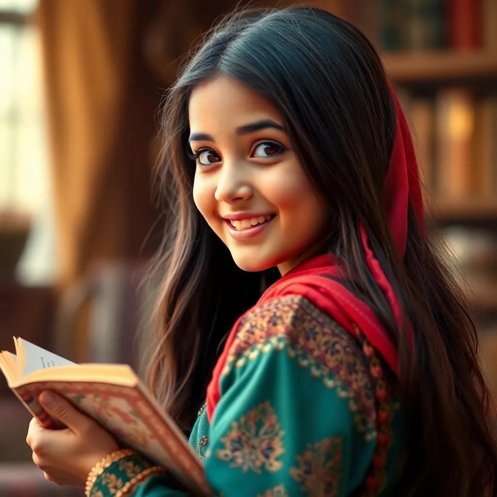 Fatima, a young Arab girl, with long, dark hair, looking over her shoulder with happiness, as if inviting the reader into her reading world, magical aura, heartwarming scene, delightful color tones