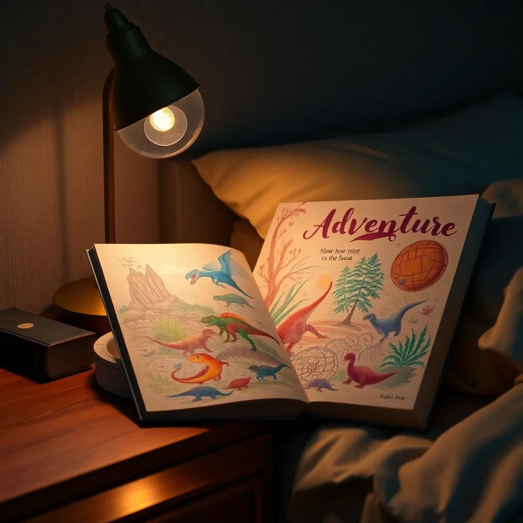 A beautiful adventure book beside Fatima’s bedside table, with illustrations of dinosaurs and magical worlds, inviting readers to explore, calm and cozy night setting, rich colors.