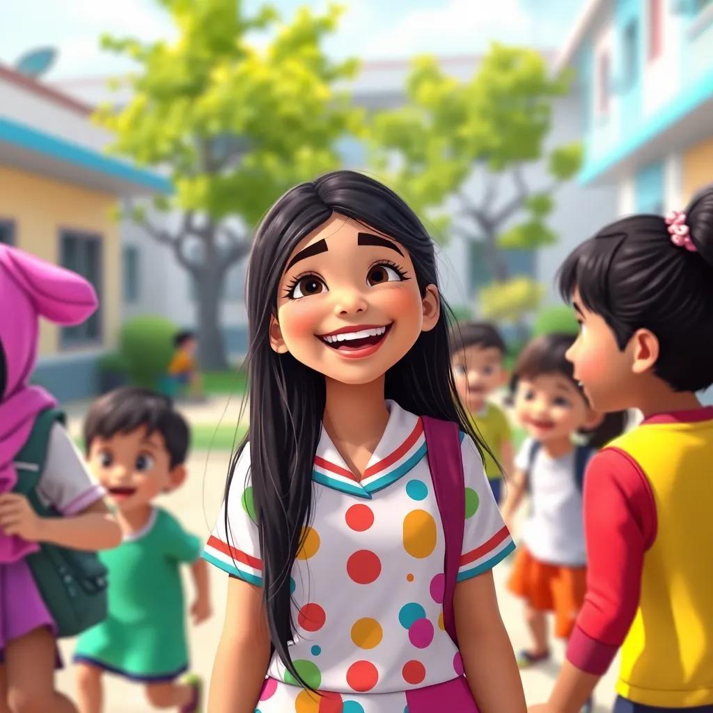 A young Arab girl, Fatima, with long, dark hair wearing a colorful school uniform, laughing with her friends in a lively schoolyard filled with children playing, digital art, bright colors, joyful atmosphere, high quality