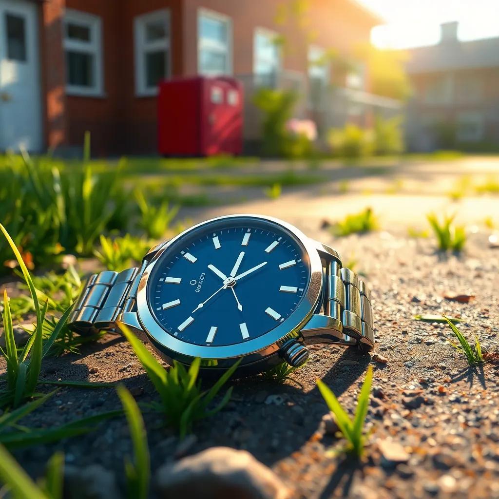 A beautiful shiny watch lying on the ground, with sunshine reflecting off of it, surrounded by grass and a schoolyard background, digital art, realistic detail, vivid colors, inviting perspective, high quality