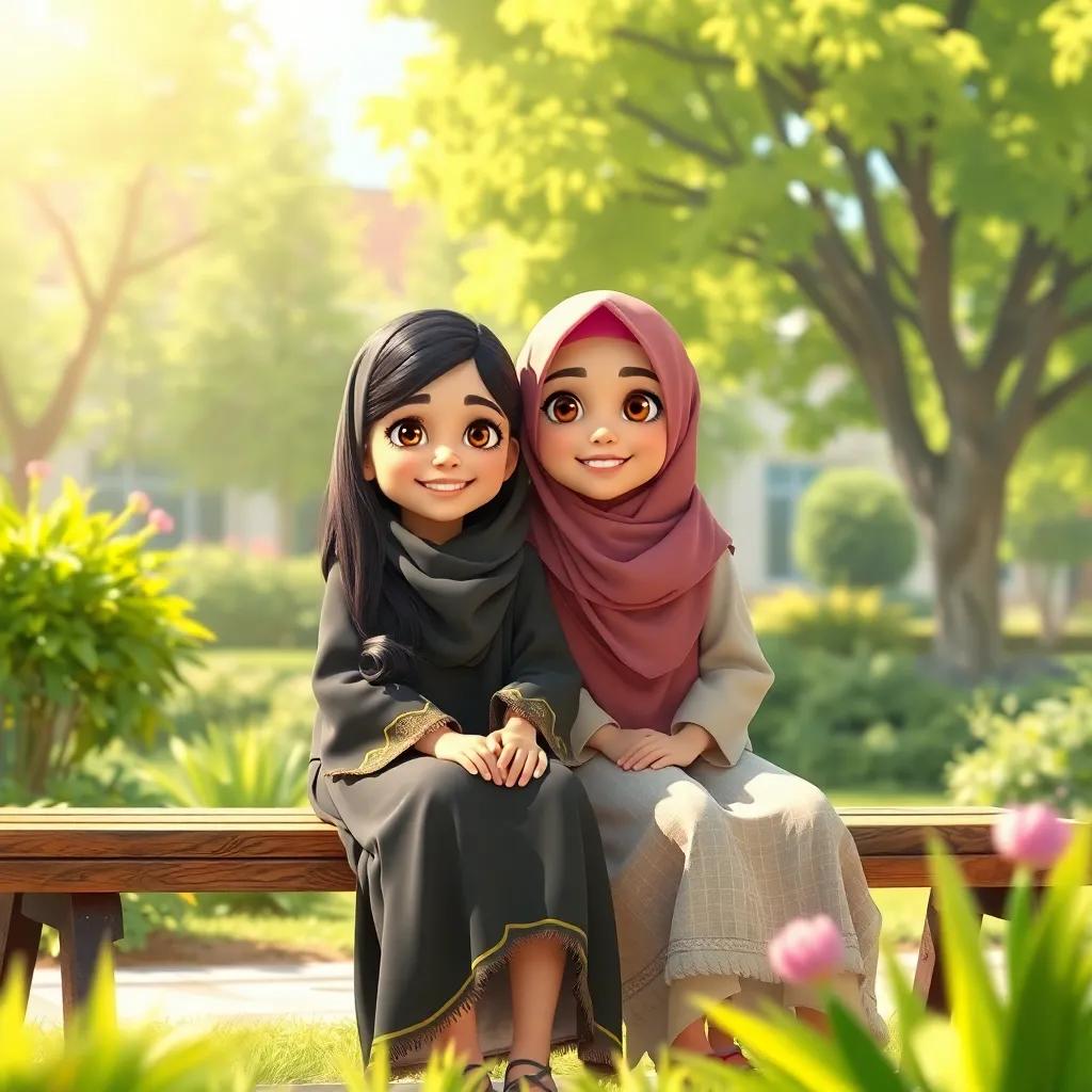 A young Arab girl, Fatima, with long, dark hair, wearing a colorful abaya, sitting on a bench in a school garden with her friend Sara, bright sunlight and green trees around, happy and cheerful atmosphere, high quality