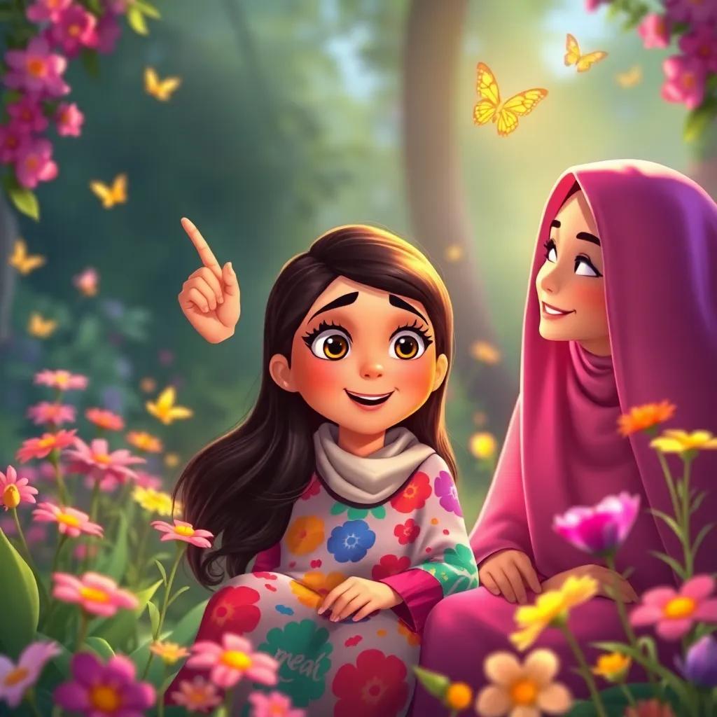 Fatima, a young Arab girl, with long, dark hair, in a colorful abaya, pointing towards the sky with a surprised expression, sitting in the garden with Sara, surrounded by flowers and butterflies, colorful and vibrant illustration, joyful lighting