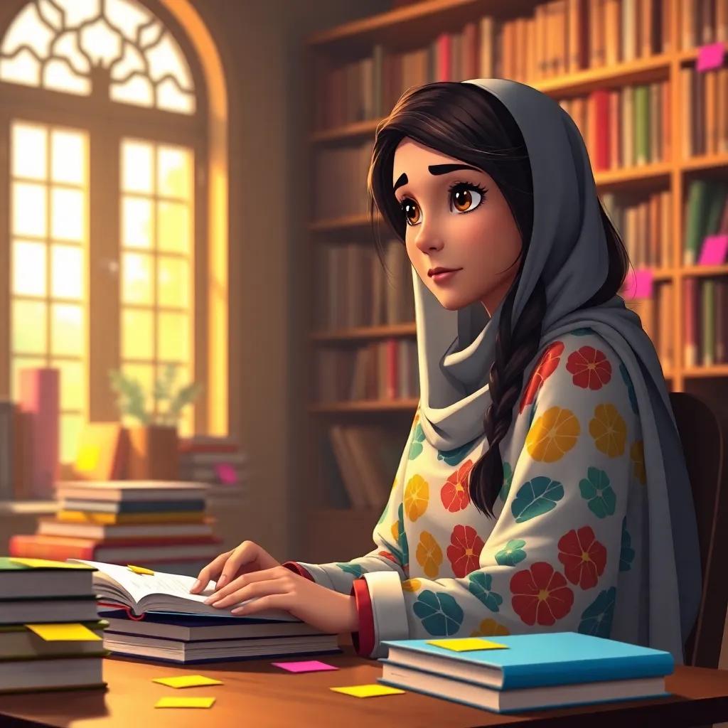 Fatima, a young Arab girl, with long, dark hair, in a colorful abaya, seated at a desk in a cozy library, surrounded by books and colorful post-it notes, focused and determined, warm light shining through the window, highly detailed, inspiring scene