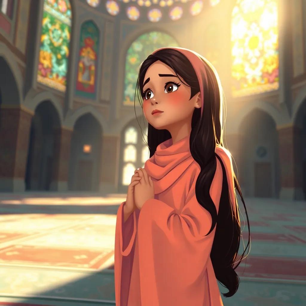 Fatima, a young Arab girl, with long, dark hair, in a bright abaya, praying at a mosque with confidence, sunlight filtering through beautiful stained glass, spiritual and peaceful atmosphere, high quality art