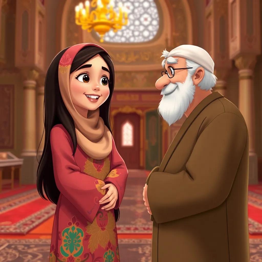Fatima, a young Arab girl, with long, dark hair, in a colorful abaya, talking to an elderly man in a mosque, both smiling warmly, surrounded by decorations and prayer rugs, inviting and warm, detailed character illustration