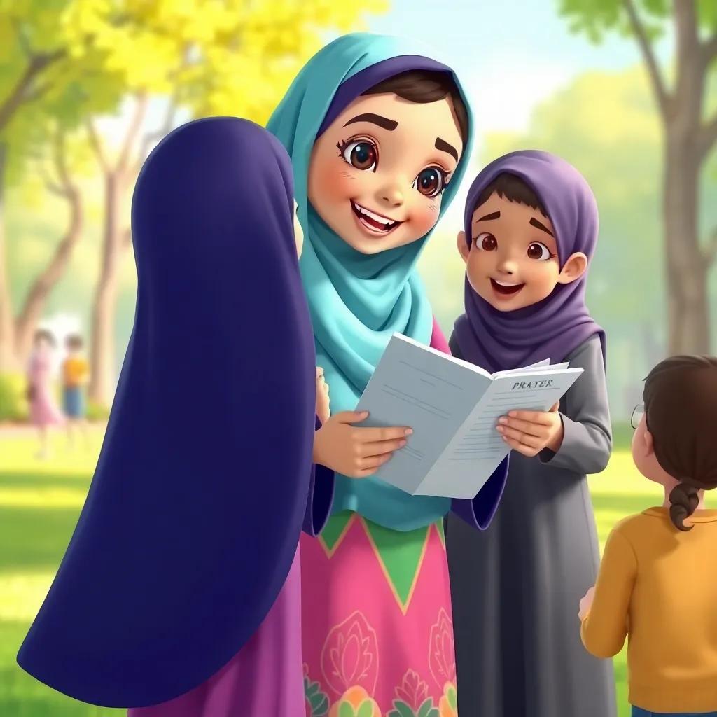 Fatima, a young Arab girl, in a colorful abaya, joyfully gathered with friends, showing them her notes about prayer, bright and lively park background, emphasizing friendship and learning, child-friendly and engaging illustration
