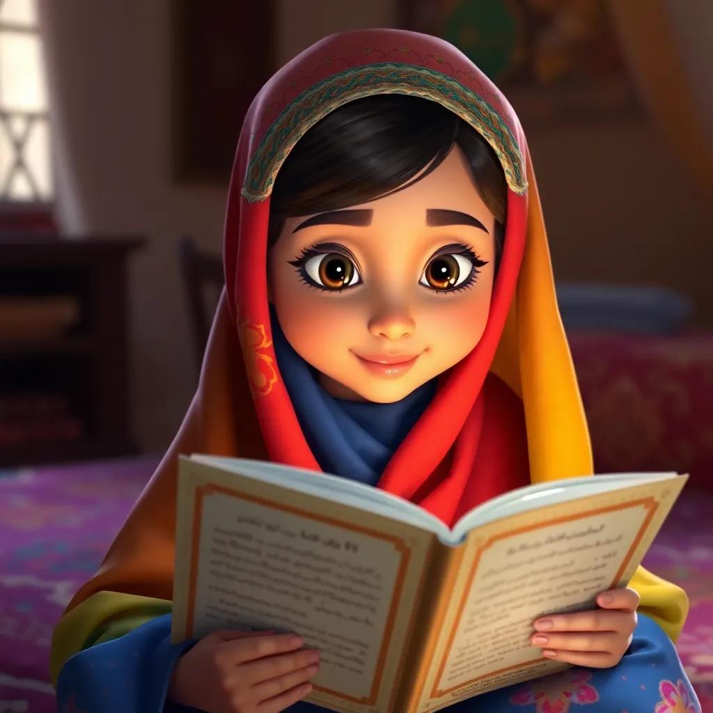 Fatima, a young Arab girl, in a colorful abaya, reading a book about prayers in a cozy room, soft lighting, warm atmosphere, focused and serene expression, highly detailed