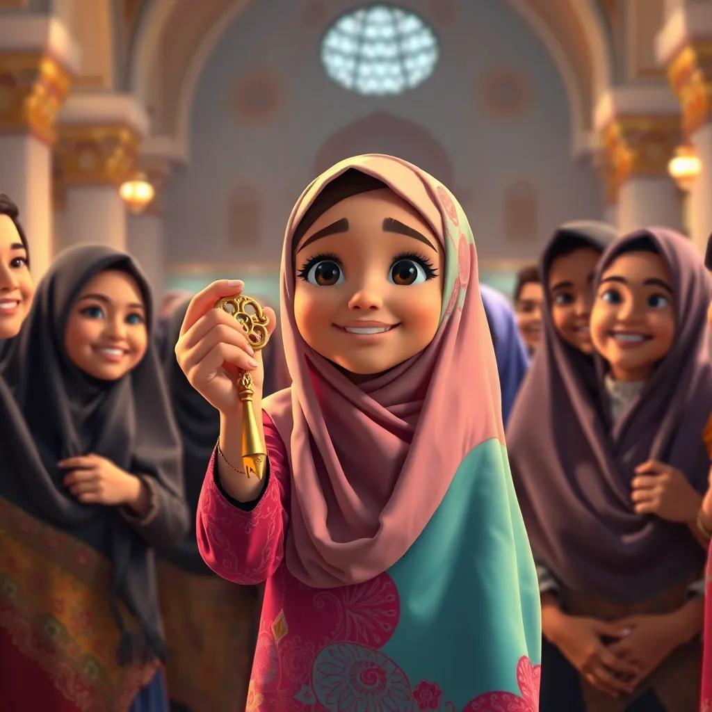 Fatima, a young Arab girl, in a colorful abaya, celebrating with friends at a mosque event, holding a golden key in her hand, warm light and joyful expressions all around, inviting atmosphere, digital art
