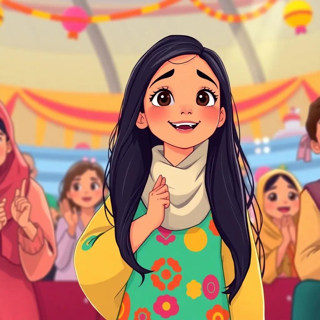 Fatima, a young Arab girl, with long, dark hair, in a colorful abaya, cheering with her friends at a competition, colorful decorations and warm smiles, excited and vibrant mood, child-friendly illustration