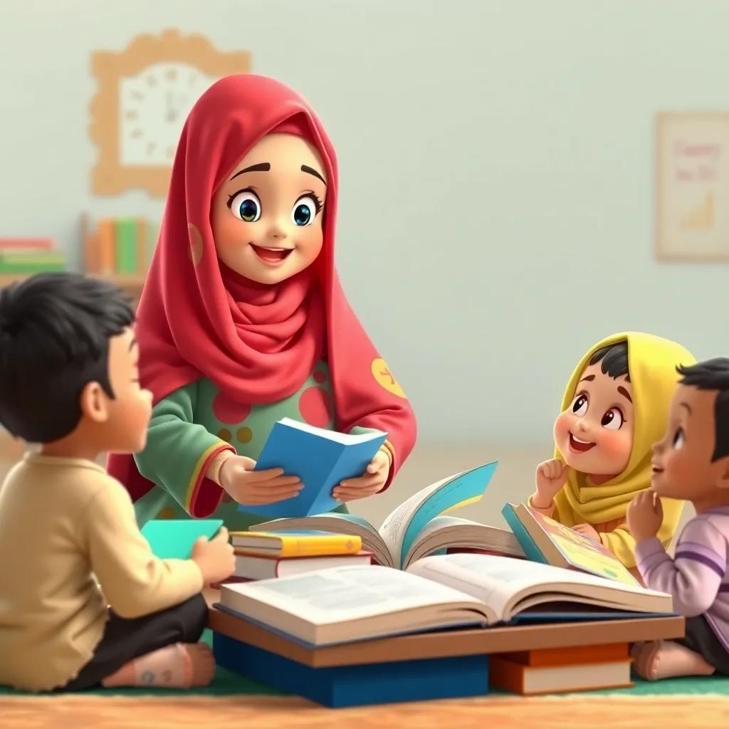 Fatima, a young Arab girl, in a colorful abaya, leading a group of children in learning about prayer, surrounded by books and colorful materials, sharing knowledge enthusiastically, cheerful and educational scene