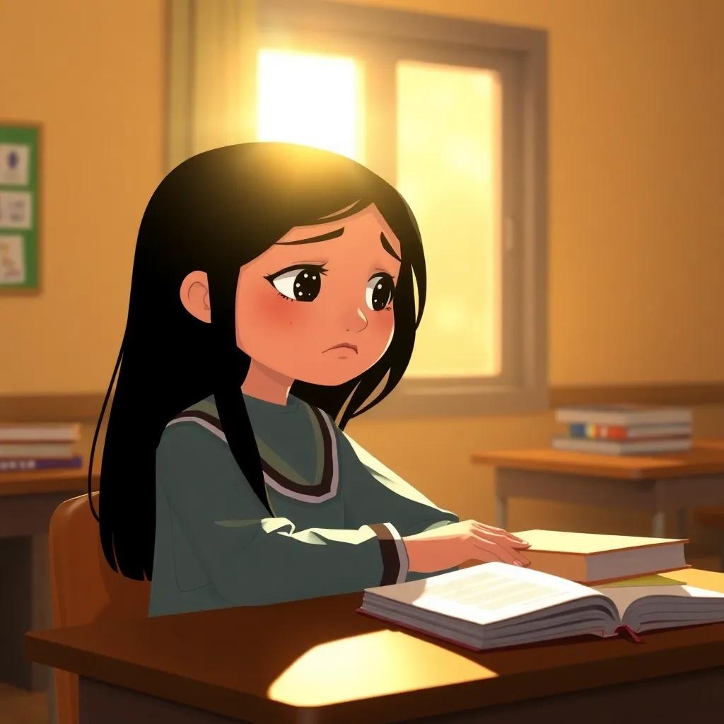 A young Arab girl, Fatima, with long black hair, wearing a school uniform, sitting at a desk with books and a sad expression, warm sunlight coming through the window, digital art, bright colors, inviting atmosphere, high quality