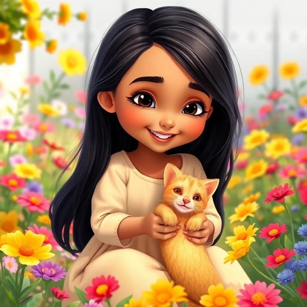 A young Arab girl, Fatima, with long black hair, wearing a light dress, playing with a small yellow kitten in a colorful garden filled with flowers, smiling and laughing, vibrant colors, cheerful mood, child-friendly scene, high quality