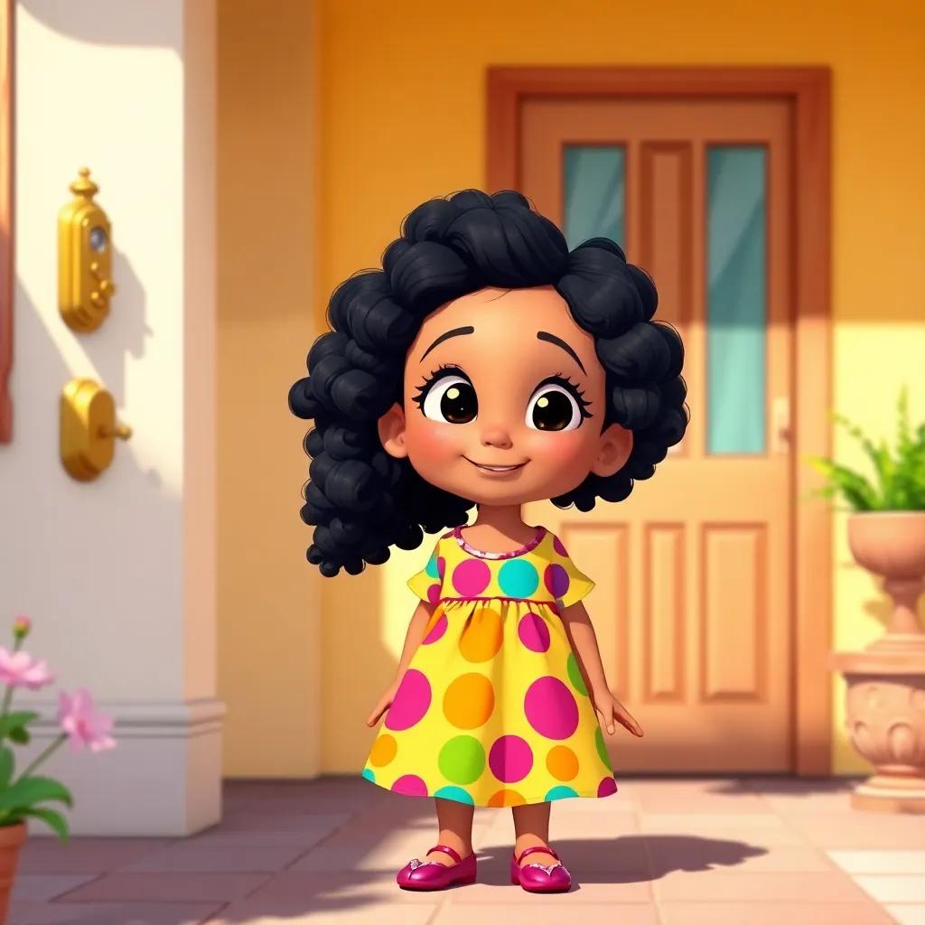 A smart little girl, Fatima, with curly black hair and wearing a colorful dress, standing outside her grandfather's house, looking curiously at the doorbell, bright sunny day, cheerful and inquisitive atmosphere, vibrant colors, children's illustration, friendly