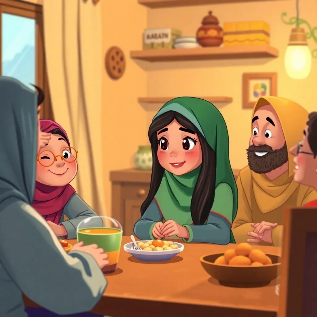 Fatima, a young Muslim girl with long dark hair in a colorful hijab, sitting with her family at a table, discussing the importance of giving zakat during Ramadan, cozy home setting, cheerful atmosphere, warm lighting, detailed illustration.