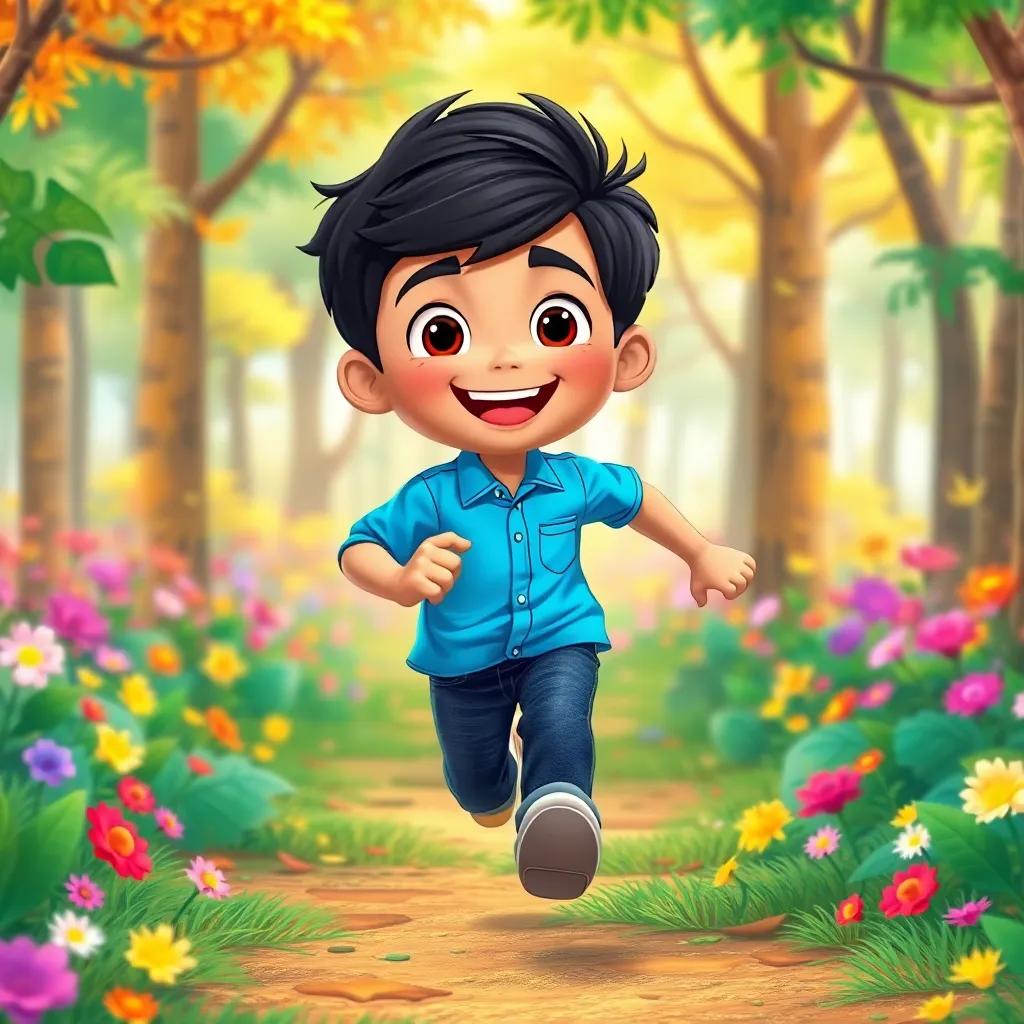 A cheerful boy named Fahad, a young Arab boy with short black hair, wearing a bright blue shirt and jeans, running through a colorful forest, filled with trees and flowers, illustration, playful, child-friendly, vibrant colors, high quality