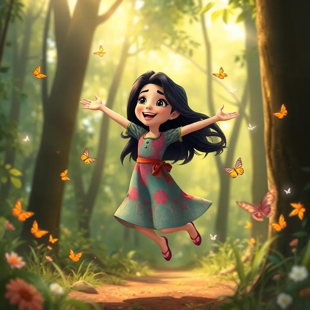 Fatima, a young Arab girl with long black hair, wearing a colorful dress, joyfully jumping beside Fahad in the forest, surrounded by butterflies and sparkling sunlight, illustration, adventurous, cheerful atmosphere, high quality