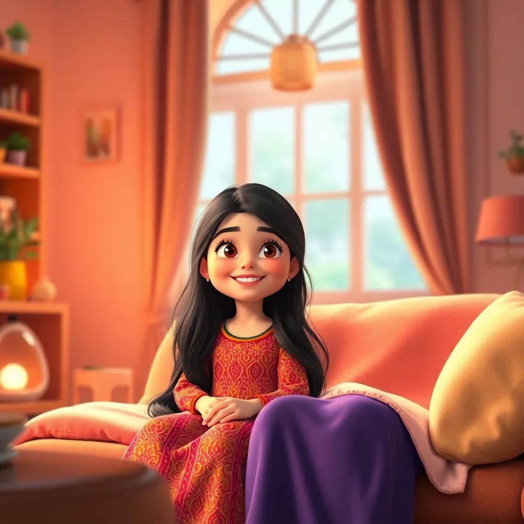 A young Arab girl, Fatima, with long dark hair, wearing a colorful dress, sitting with her mother in a cozy room filled with light and warmth, smiling and asking questions, digital art, inviting colors, cheerful atmosphere, high quality