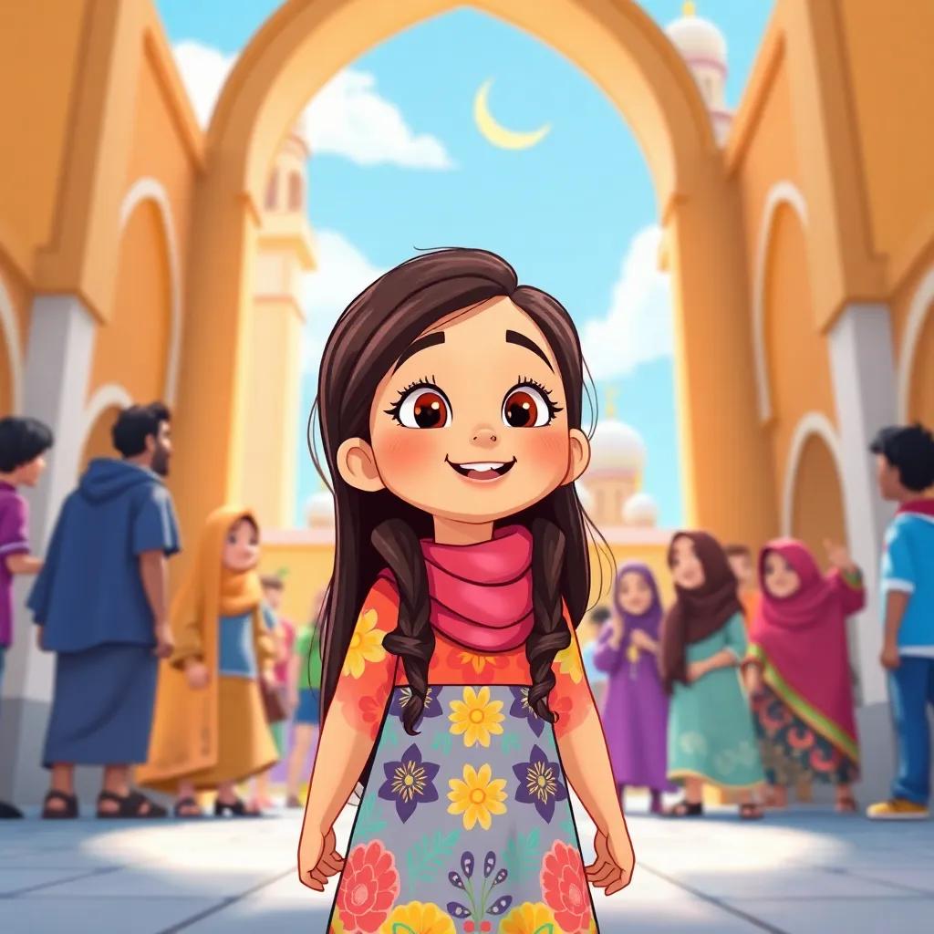Fatima, a young Arab girl, with long dark hair in a colorful dress, standing outside her mosque, looking excited and curious, surrounded by friends, under a bright blue sky, illustration, vibrant, joyful theme, child-friendly