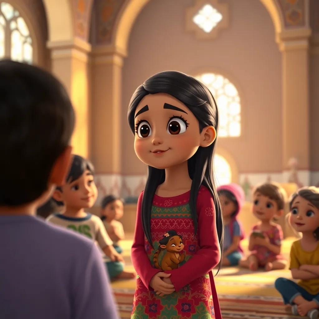 Fatima, a young Arab girl, with long dark hair in a colorful dress, listening attentively to her teacher in a mosque, where children are gathered, warm light, friendly atmosphere, delightful artwork, engaging