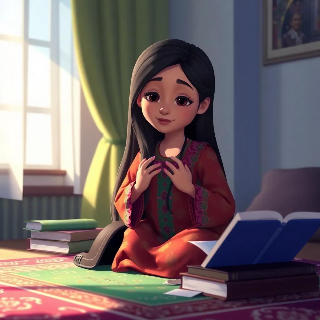 Fatima, a young Arab girl, with long dark hair in a colorful dress, practicing her prayer at home, surrounded by prayer books and a prayer mat, calm light, serene colors, peaceful scene, digital painting