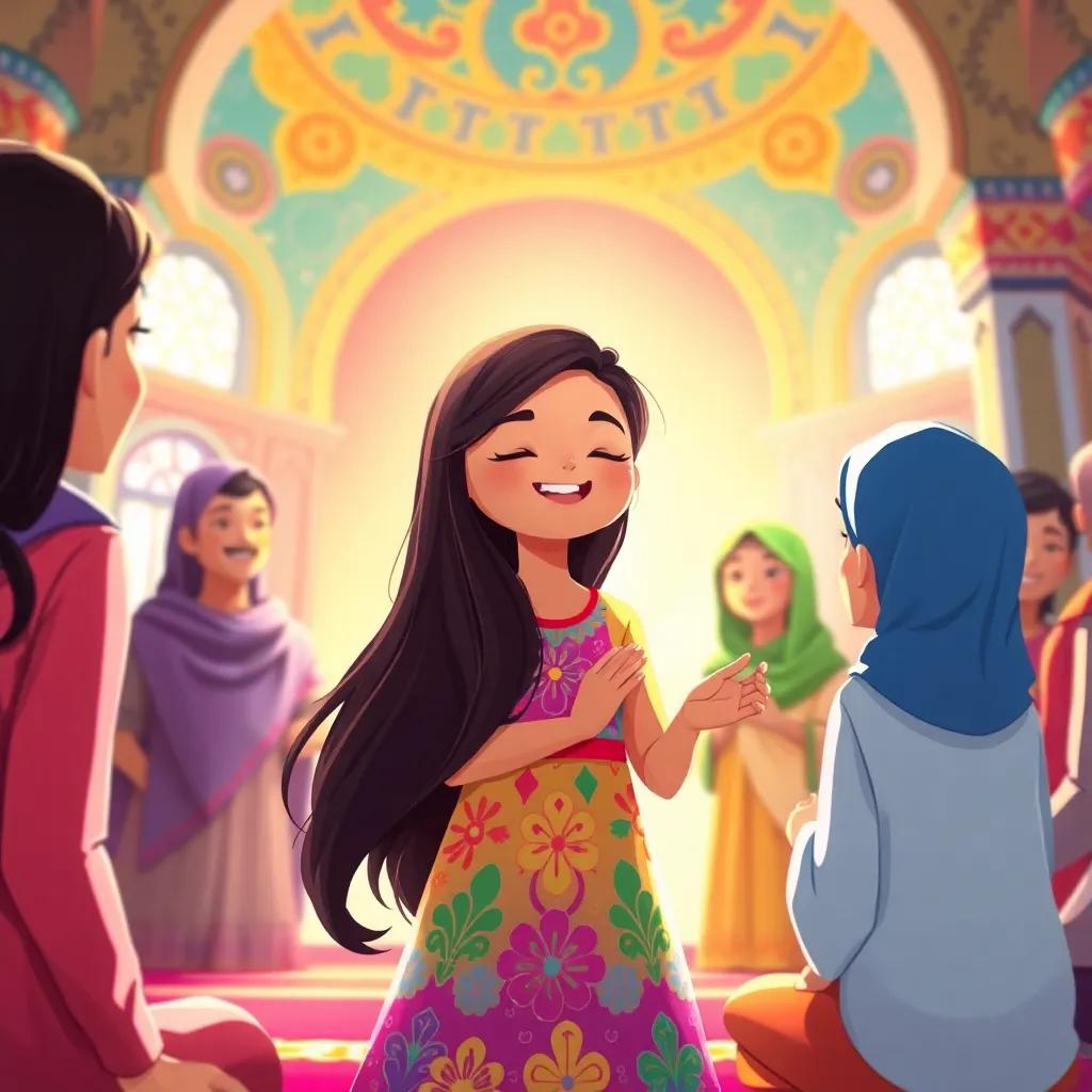 Fatima, a young Arab girl, with long dark hair in a colorful dress, happily praying with her friends in a circle, colorful mosque interior around them, radiant light, joyful mood, heartwarming illustration