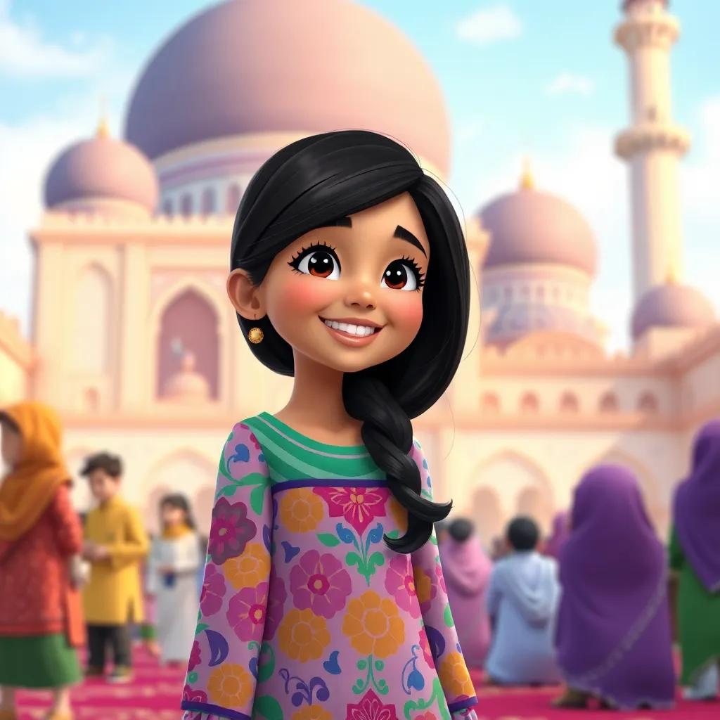 Fatima, a young Arab girl, with long dark hair in a colorful dress, smiling and sharing her excitement about prayer with her friends, vibrant background of the mosque, friendly atmosphere, delightful artwork