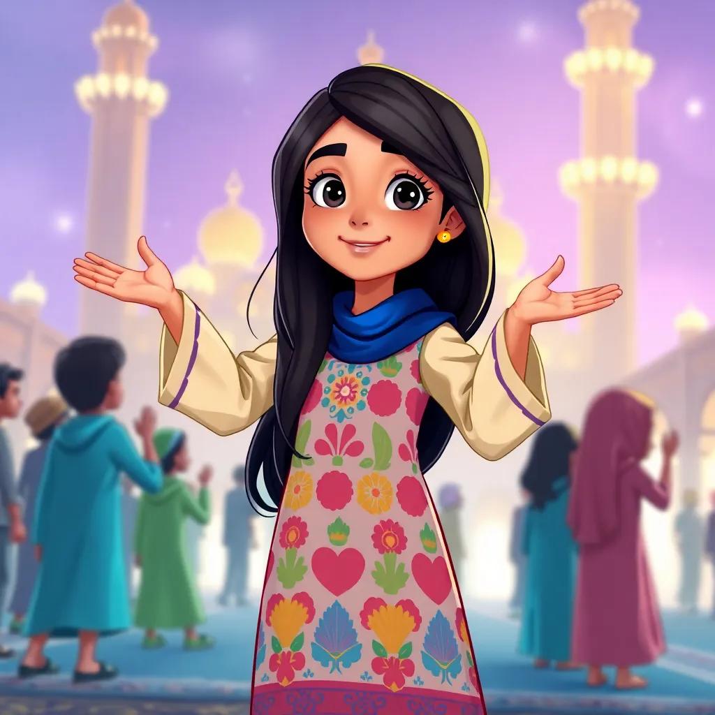 Fatima, a young Arab girl, with long dark hair in a colorful dress, proudly teaching her friends about prayer, with bright lights of the mosque in the background, dynamic and cheerful scene, illustration