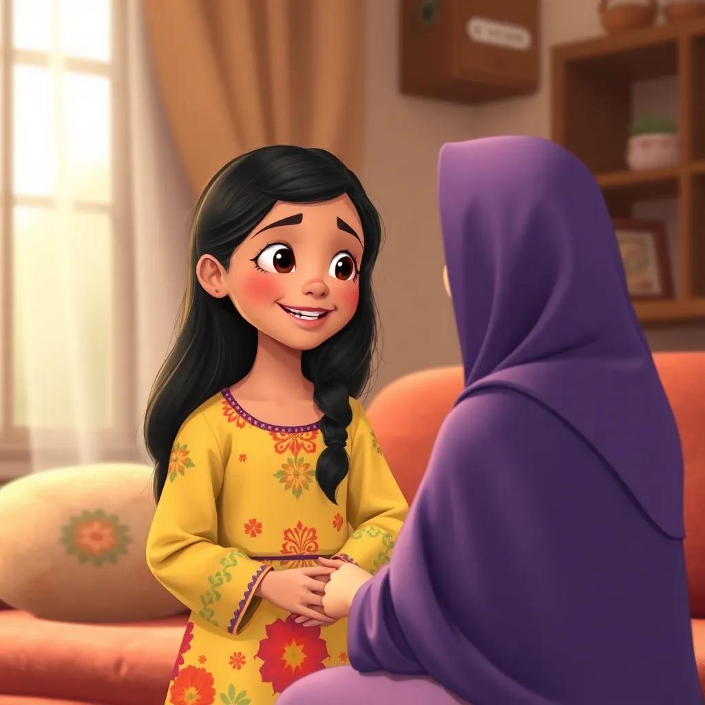 Fatima, a young Arab girl, with long dark hair in a colorful dress, happily telling her mother about her experiences at the mosque, warm home setting, loving atmosphere, heartwarming digital art