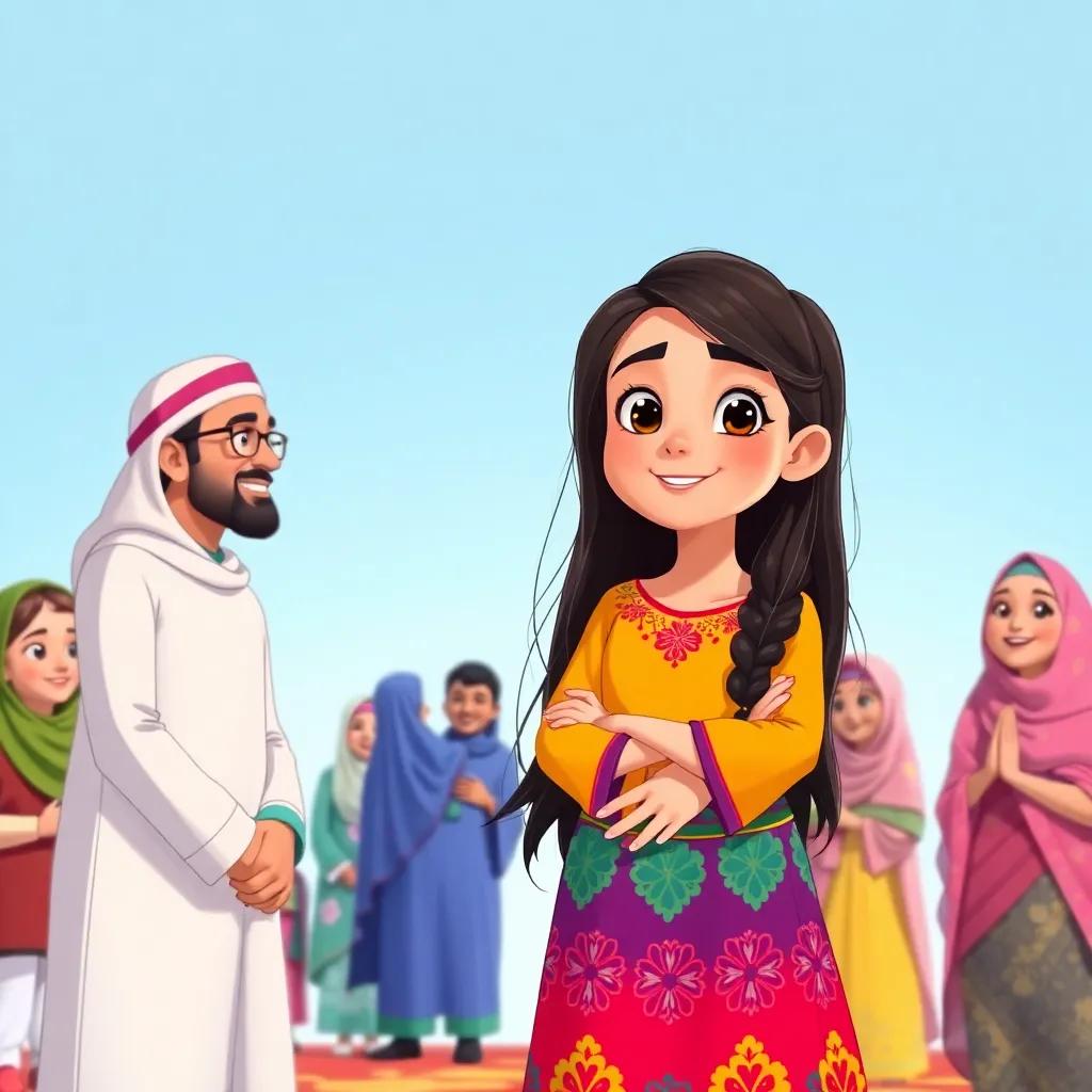 Fatima, a young Arab girl, with long dark hair in a colorful dress, standing with her friends after prayer, joyfully talking about their lessons, vibrant colors, lively setting, cheerful illustration