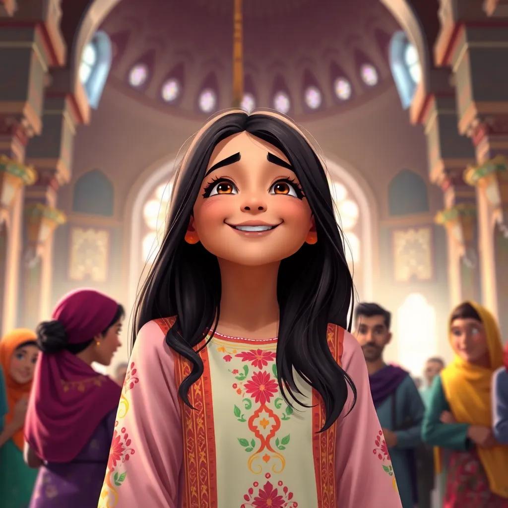 Fatima, a young Arab girl, with long dark hair in a colorful dress, feeling joyful and connected to her faith, surrounded by friends in a beautiful mosque, soft light, uplifting scene, digital painting