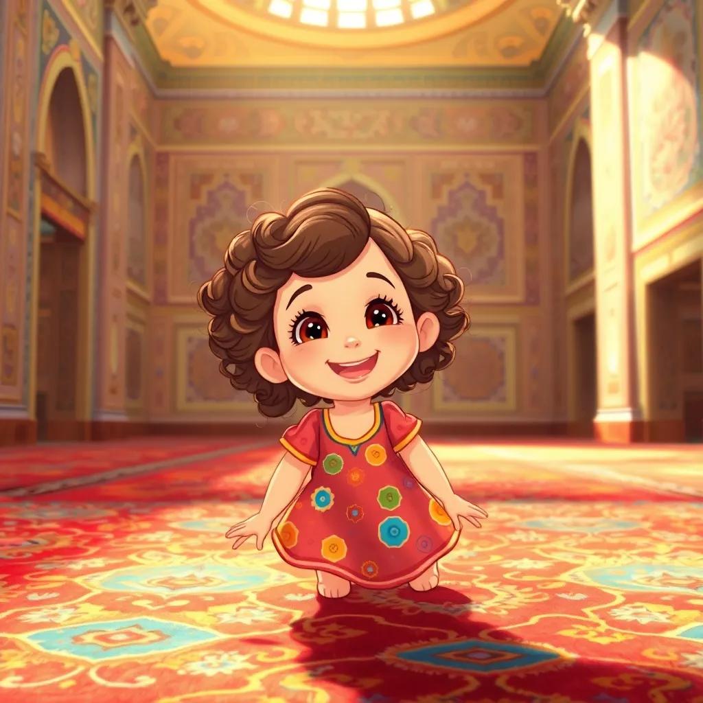 A young Arab girl, Fatima, with curly brown hair and wearing a colorful dress, playing joyfully on a vibrant patterned carpet in the Imam Reza shrine, under bright sunlight, child-friendly illustration, warm atmosphere, lively colors, high quality, smiling and cheerful