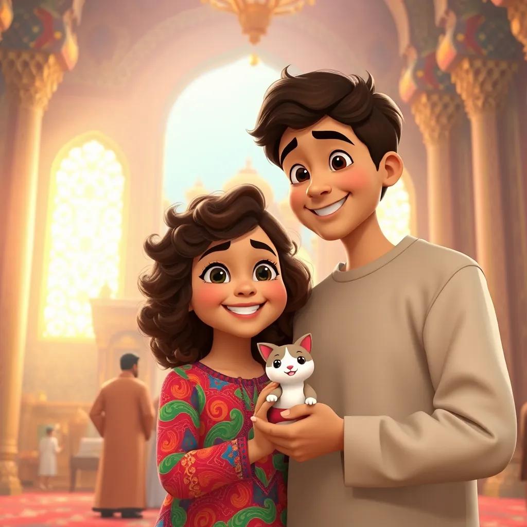 A smiling young Arab girl, Fatima, with curly brown hair in a colorful dress, standing with a friendly man holding a small cat doll in a grand shrine, a beautiful backdrop of the shrine decorations, warm light, inviting colors, joyful interaction, high quality