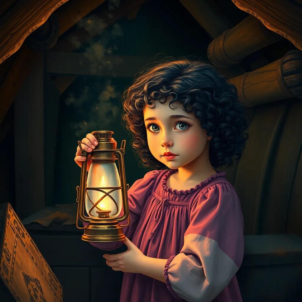 Leila, a small girl with curly hair, holding an old brass lantern in a dark attic, dust particles floating in the air, an old box covered in dust, detailed digital art, warm colors, adventurous atmosphere, high quality
