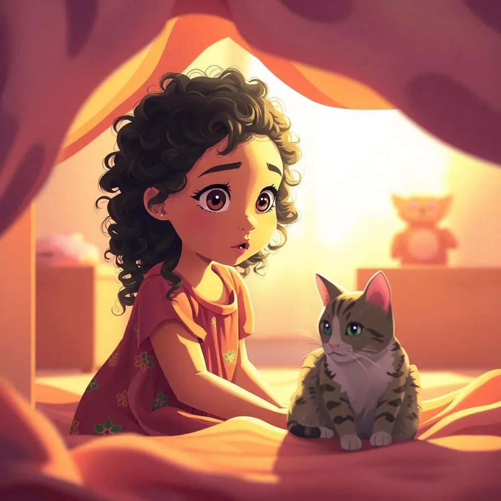 A young Arab girl, فايوليت, with curly dark hair, wearing a colorful dress, looking under her bed in a bright room, surprised to find a cat, warm light, cozy atmosphere, digital art, detailed, inviting, playful mood